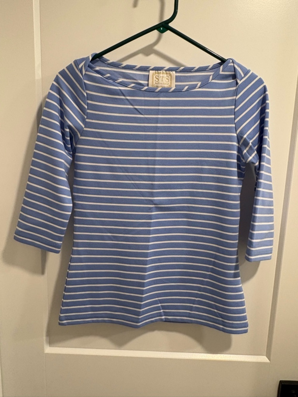 Sail to Sable Blue and White Striped Boatneck 3/4 Sleeve Top
